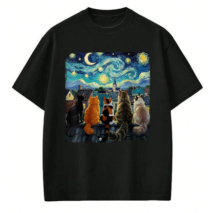 Cat Love Shirt, Funny Cat Lover Gift UnisexT-Shirt/Hoodie/Sweatshirt HLT00 - Funny Cat Starry Night Van Gogh Cats Rooftop Scene Feline T-Shirt, Women, Black, 3X-Large