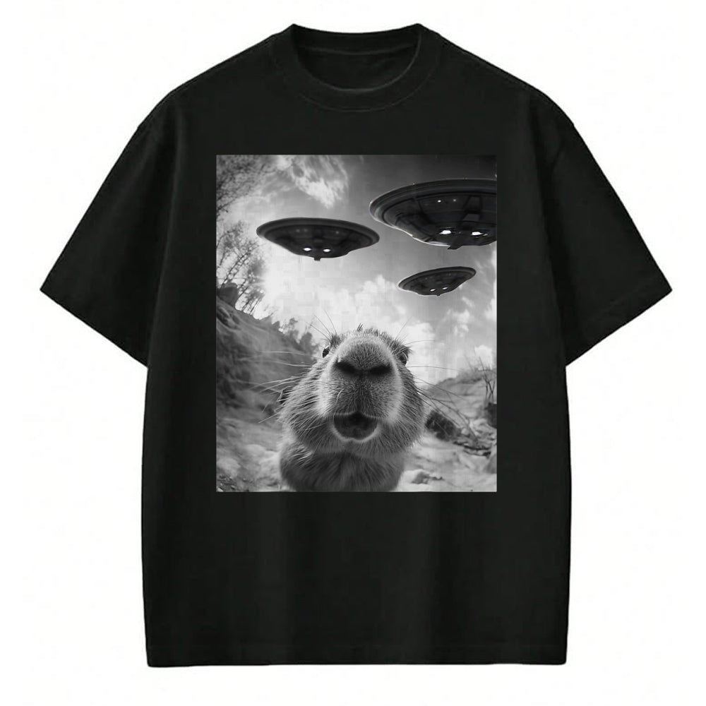 Cute Capybara Shirt, Funny Capybara Unisex T-Shirt/Hoodie/Sweatshirt HLT00 - Funny Capybara Selfie with UFOs Weird Graphic Tee Alien UFO T-Shirt