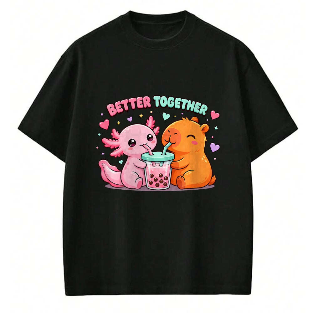 Cute Capybara Shirt, Funny Capybara Unisex T-Shirt/Hoodie/Sweatshirt HLT00 - Cute Capybara and Axolotl Bubble Tea Boba Girls Kawaii Anime T-Shirt (2)