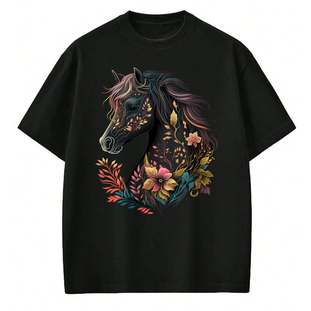 Best Horse Lover Shirt , Funny Horse UnisexT-Shirt/Hoodie/Sweatshirt HLT00 - Beautiful Horse with Flowers and Plants Equestrian Art Black Long Sleeve T-Shirt
