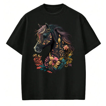 Best Horse Lover Shirt , Funny Horse UnisexT-Shirt/Hoodie/Sweatshirt HLT00 - Beautiful Horse with Flowers and Plants Equestrian Art Black Long Sleeve T-Shirt