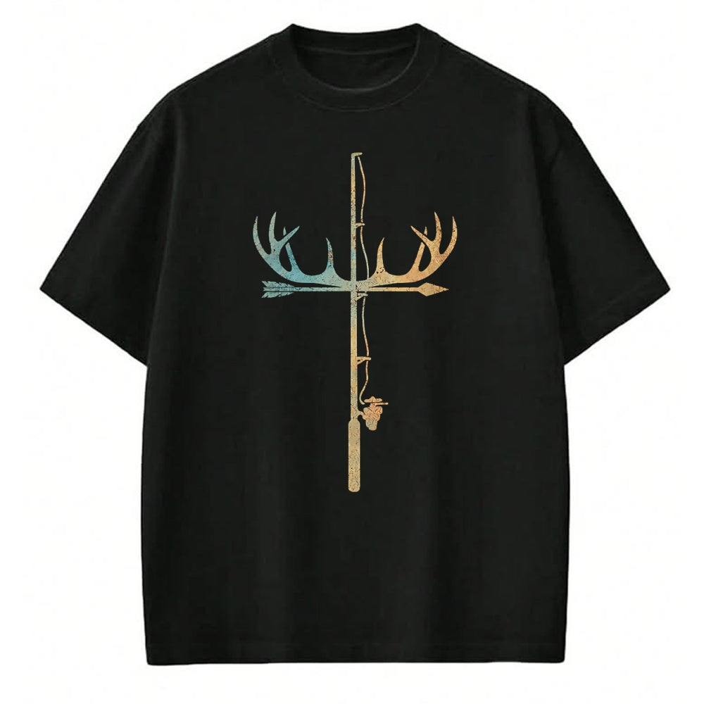 Funny Hunting Shirt, Gift For Hunting Lover Unisex T-Shirt/Hoodie/Sweatshirt HLT00 - Antler Fishing Rod Cross God Family Hunting Fishing T-Shirt