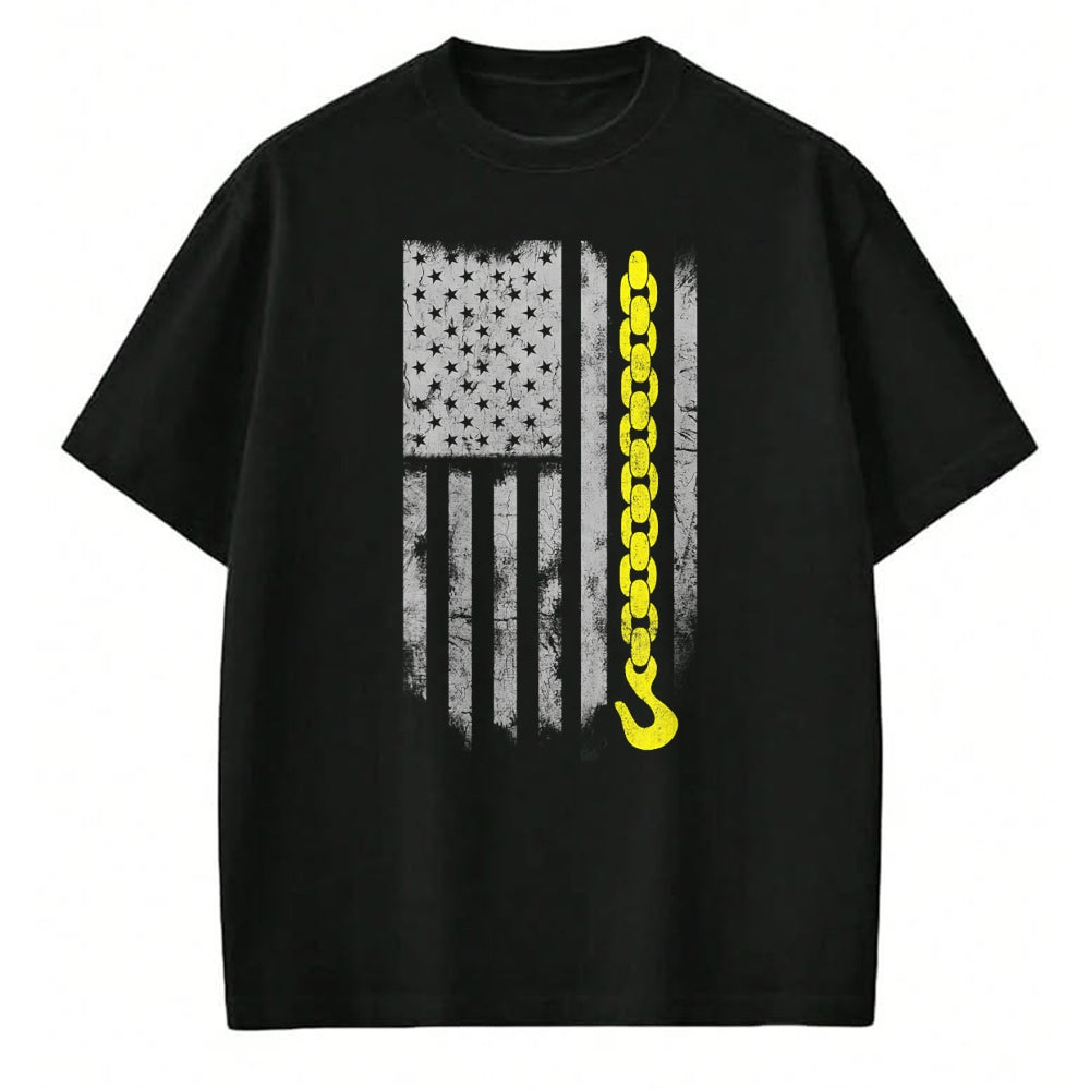 Best Truck Driver Life Shirt, Funny Trucker UnisexT-Shirt/Hoodie/Sweatshirt HLT00 - Yellow Tow Hook Chain Flag America Tow Truck Driver T-Shirt