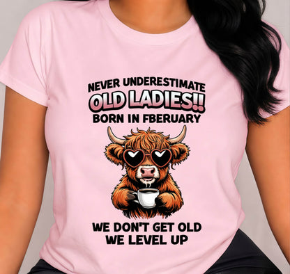FEBRUARY BORN WOMEN LEVEL UP, NEVER GROW OLD SHIRT - FOR WOMEN - TLEE02 (SKU2606-79-02)