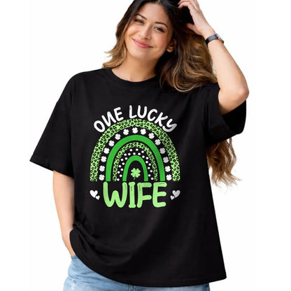 Best Wife Shirt, Wife and Husband Unisex T-Shirt/Hoodie/Sweatshirt HLT00 - Gift for wife T shirt, lucky wife   Womens One Lucky Wife Leopard Rainbow Clover St Patricks Day Tan