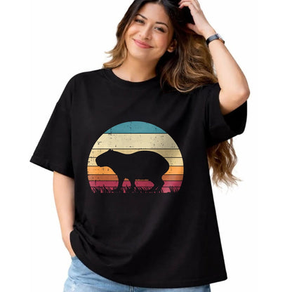 Cute Capybara Shirt, Funny Capybara Unisex T-Shirt/Hoodie/Sweatshirt HLT00 - Capybara Silhouette Sunset Retro Capy Rodent Men Women Kids T-Shirt
