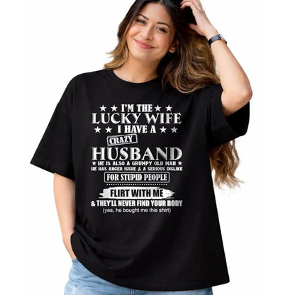 Best Wife Shirt, Wife and Husband Unisex T-Shirt/Hoodie/Sweatshirt HLT00 - Gift for wife T shirt, lucky wife   I'm The Lucky Wife I Have A Crazy Husband Premium T-Shirt (1)
