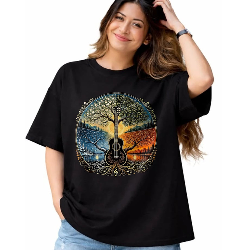 Guitar Lover Shirt, Funny Guitar UnisexT-Shirt/Hoodie/Sweatshirt HLT00 - Acoustic Guitar by the Lake Seasons Nature Music T-Shirt, Men, Black, X-Large
