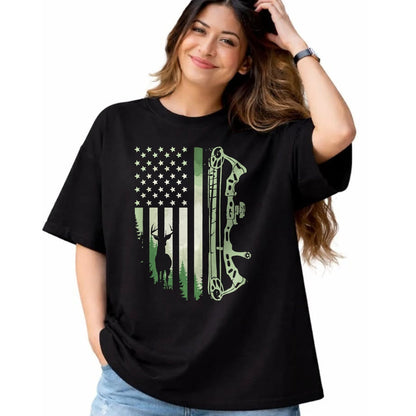 Funny Hunting Shirt, Gift For Hunting Lover Unisex T-Shirt/Hoodie/Sweatshirt HLT00 - Patriotic Bowhunting USA Flag Bow Archery Deer Hunting Wild T-Shirt
