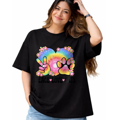Cat Love Shirt, Funny Cat Lover Gift UnisexT-Shirt/Hoodie/Sweatshirt HLT00 - Peace Love Cats Owner 60s 70s Hippie Outfit Cute Cat Lover Men Women Kids T-Shirt