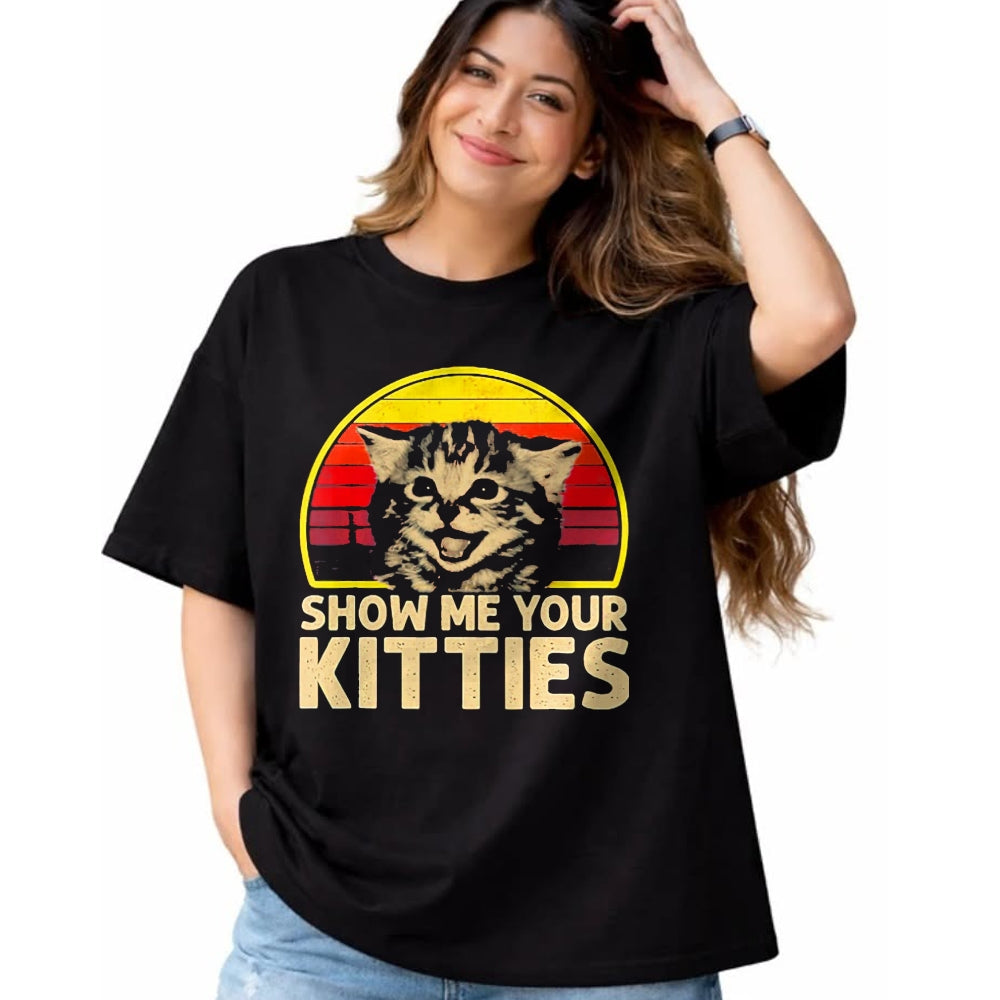 Cat Love Shirt, Funny Cat Lover Gift UnisexT-Shirt/Hoodie/Sweatshirt HLT00 - Show me Your Kitties Cat Lover Retro Vintage Sunset T-Shirt, Men, Black, 3X-Large