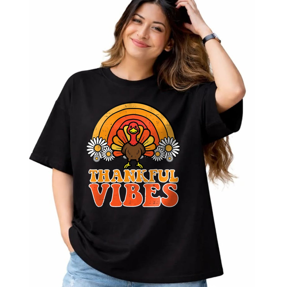 Best Thanksgiving Family Shirt , Funny Thanksgiving UnisexT-Shirt/Hoodie/Sweatshirt HLT00 - Thankful Vibes Turkey Rainbow Funny Retro Thanksgiving Women T-Shirt