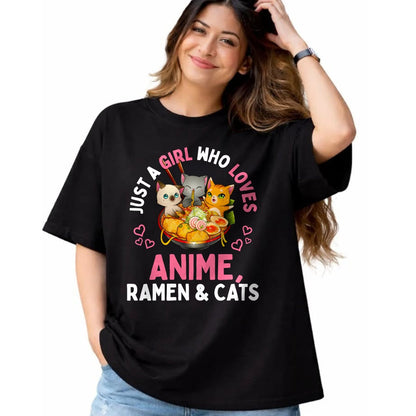 Cat Love Shirt, Funny Cat Lover Gift UnisexT-Shirt/Hoodie/Sweatshirt HLT00 - Just a Girl Who Loves Anime Ramen and Cats Kawaii Manga Gift Long Sleeve T-Shirt