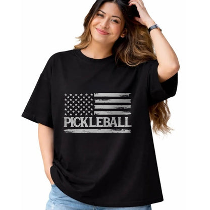 Funny Pickleball Shirt, Pickleball Lover Unisex T-Shirt/Hoodie/Sweatshirt HLT00 - Pickleball Grey Vintage USA Flag Player Coach T-Shirt