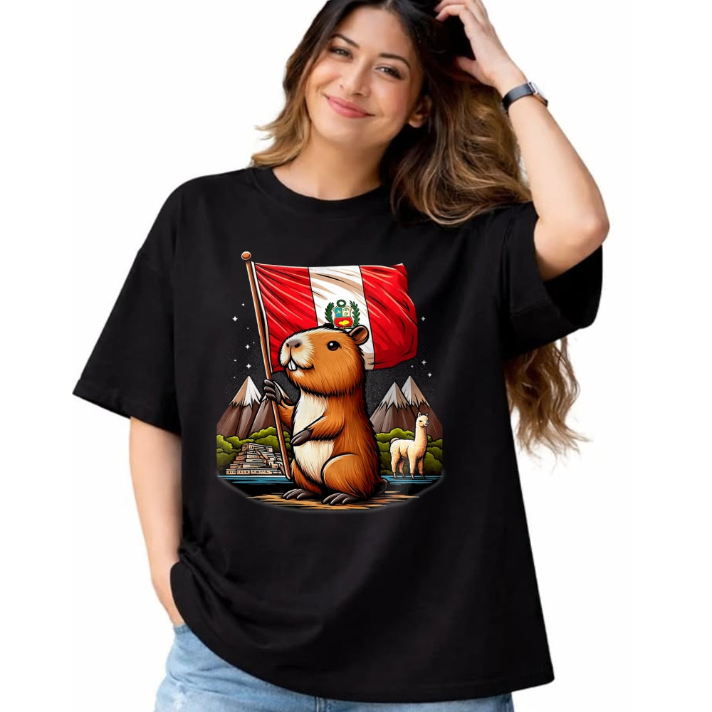 Cute Capybara Shirt, Funny Capybara Unisex T-Shirt/Hoodie/Sweatshirt HLT00 - Peruvian Capybara Peru Flag - Ronsoco Fiestas Patrias T-Shirt