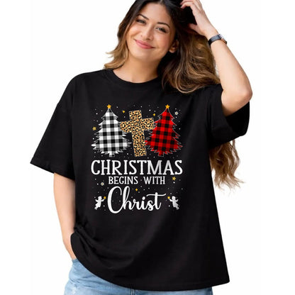 Christian Tee, Christian Faith Unisex T-Shirt/Hoodie/Sweatshirt HLT00 - Christmas Begins With Christ Jesus Cross Christian Christmas T-Shirt