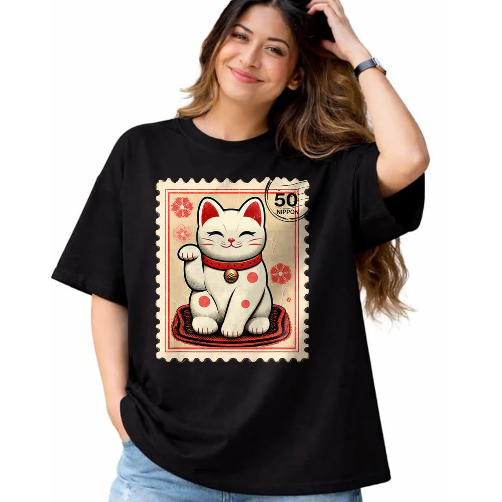 Cat Love Shirt, Funny Cat Lover Gift UnisexT-Shirt/Hoodie/Sweatshirt HLT00 - Maneki Neko Japanese Kawaii Lucky Cat Stamp Retro Aesthetic T-Shirt