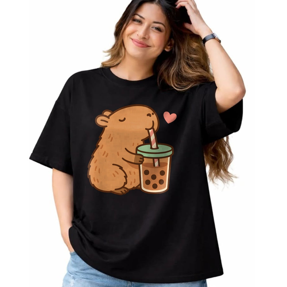 Cute Capybara Shirt, Funny Capybara Unisex T-Shirt/Hoodie/Sweatshirt HLT00 - Cute Capybara Boba Kawaii Bubble Drink Girls Women Long Sleeve T-Shirt