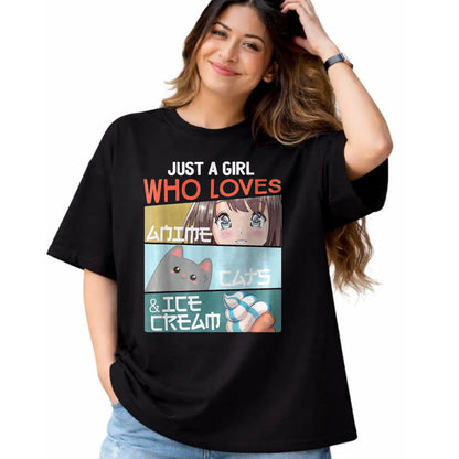 Cat Love Shirt, Funny Cat Lover Gift UnisexT-Shirt/Hoodie/Sweatshirt HLT00 - Just A Girl Who Loves Anime Cats Ice Cream Otaku Manga Lover T-Shirt, Women, Baby Blue, Large