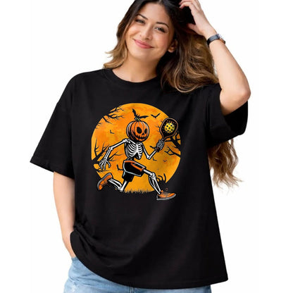 Funny Pickleball Shirt, Pickleball Lover Unisex T-Shirt/Hoodie/Sweatshirt HLT00 - Halloween Pickleball Pumpkin Skeleton Pickleball Halloween T-Shirt