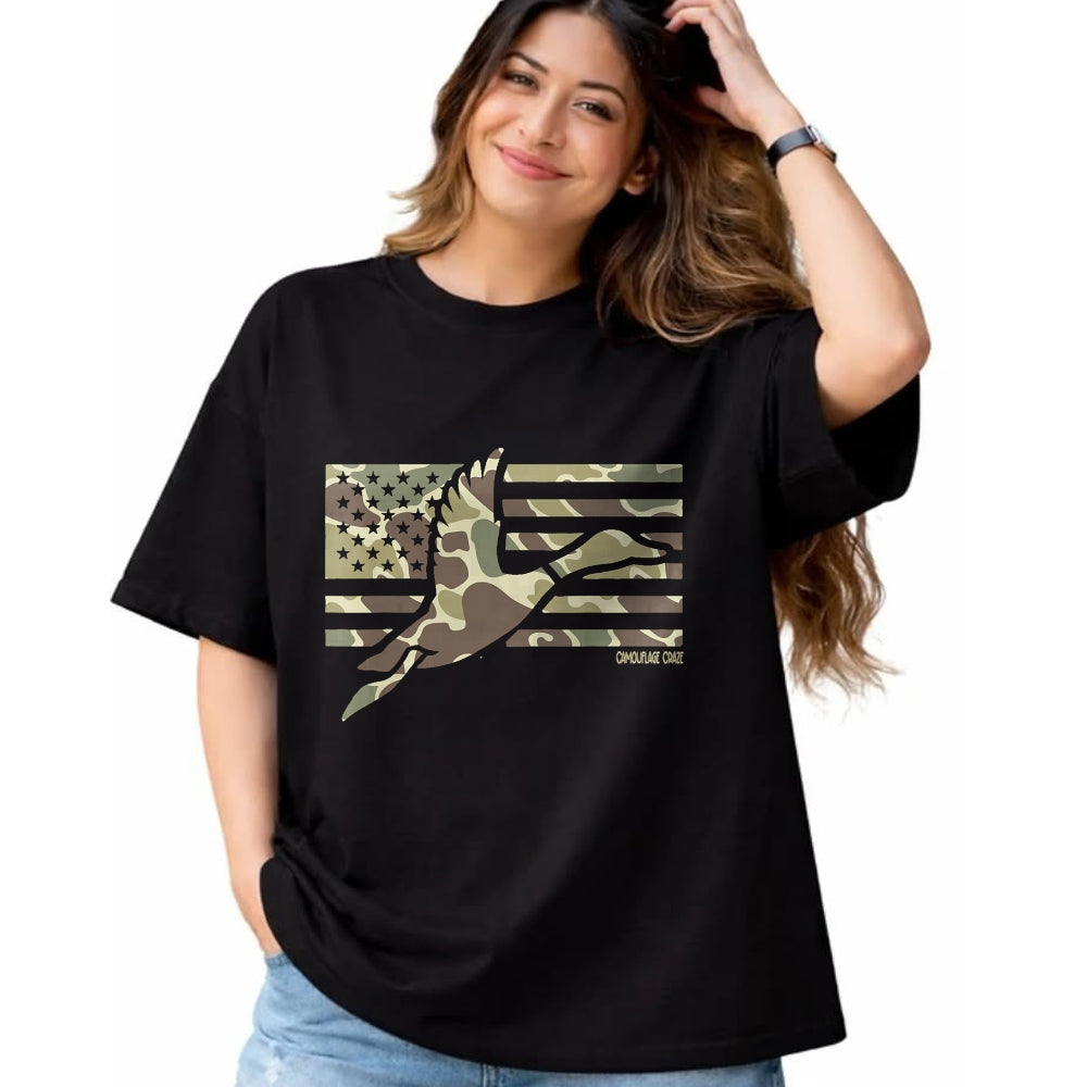 Funny Hunting Shirt, Gift For Hunting Lover Unisex T-Shirt/Hoodie/Sweatshirt HLT00 - Camo Patriotic Mallard Duck Camouflage Flying Duck Hunting T-Shirt