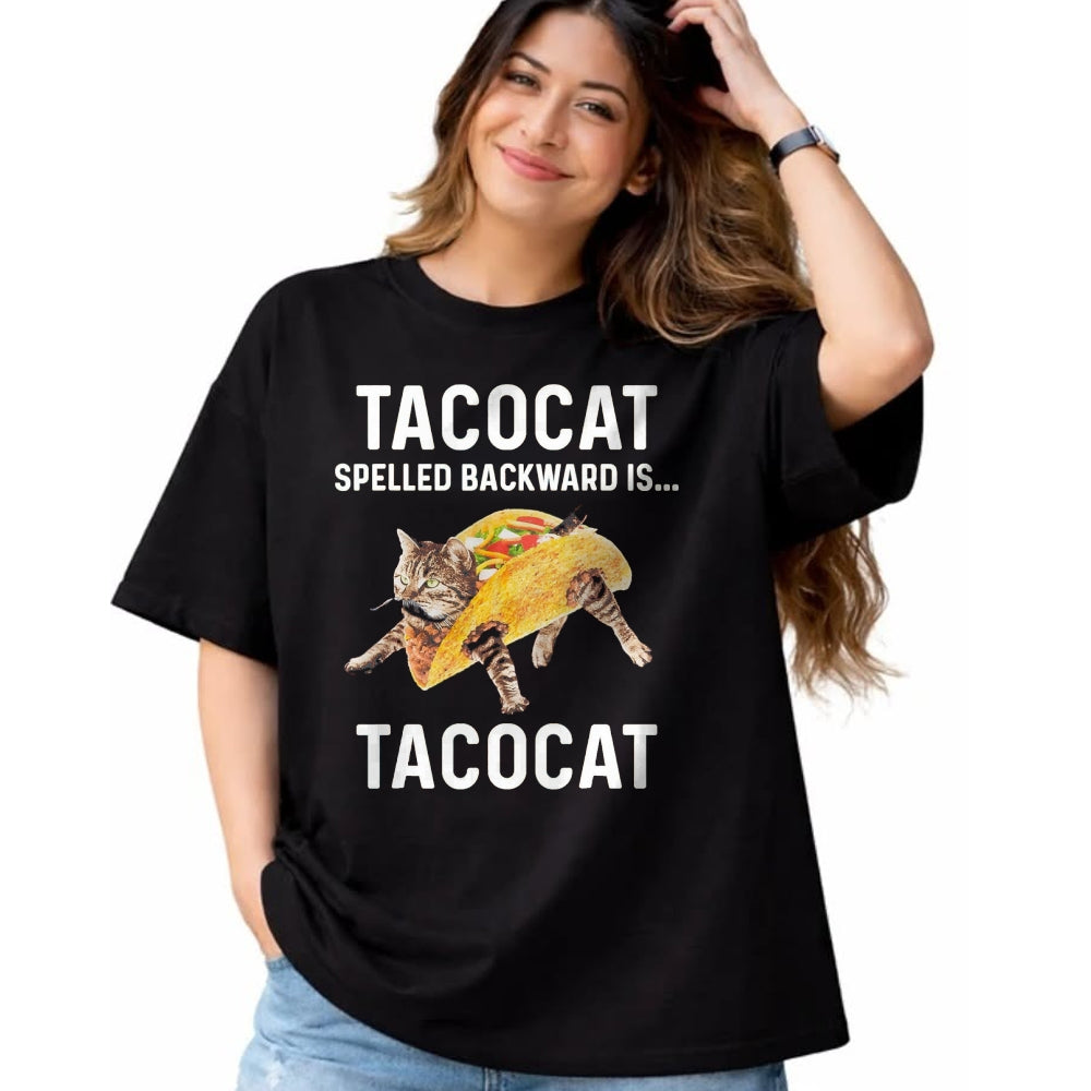 Cat Love Shirt, Funny Cat Lover Gift UnisexT-Shirt/Hoodie/Sweatshirt HLT00 - Tacocat Spelled Backward is Tacocat - Love Cat and Taco T-Shirt, Men, Black, Medium (1)
