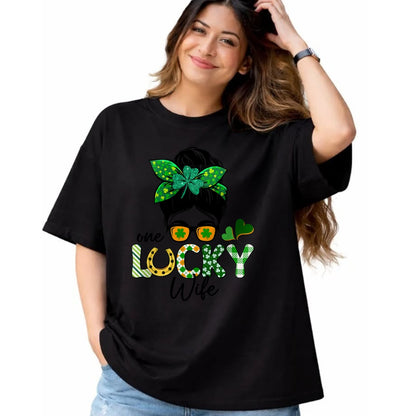 Best Wife Shirt, Wife and Husband Unisex T-Shirt/Hoodie/Sweatshirt HLT00 - Gift for wife T shirt, lucky wife   One Lucky Wife Messy Bun Irish St Patricks Day Shamrock T-Shirt