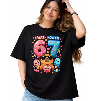 Cute Capybara Shirt, Funny Capybara Unisex T-Shirt/Hoodie/Sweatshirt HLT00 - I was 6 Now I_m 7 Birthday 67 Meme Capybara Ice Cream Kawaii T-Shirt