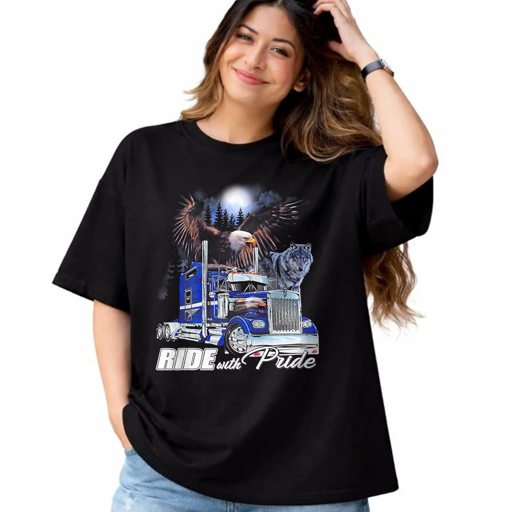 Best Truck Driver Life Shirt, Funny Trucker UnisexT-Shirt/Hoodie/Sweatshirt HLT00 - Ride with Pride Trucker Eagle Wolf T-Shirt
