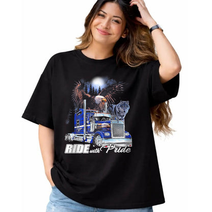 Best Truck Driver Life Shirt, Funny Trucker UnisexT-Shirt/Hoodie/Sweatshirt HLT00 - Ride with Pride Trucker Eagle Wolf T-Shirt