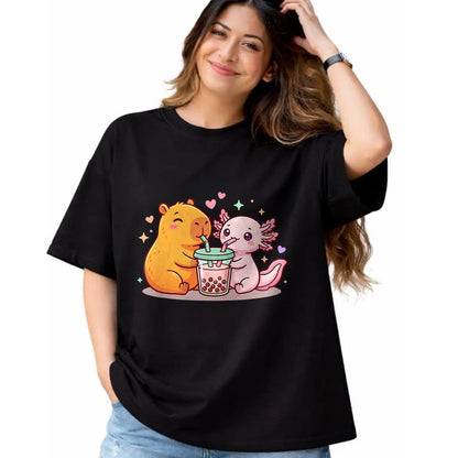 Cute Capybara Shirt, Funny Capybara Unisex T-Shirt/Hoodie/Sweatshirt HLT00 - Cute Capybara and Axolotl Bubble Tea Boba Girls Kawaii T-Shirt