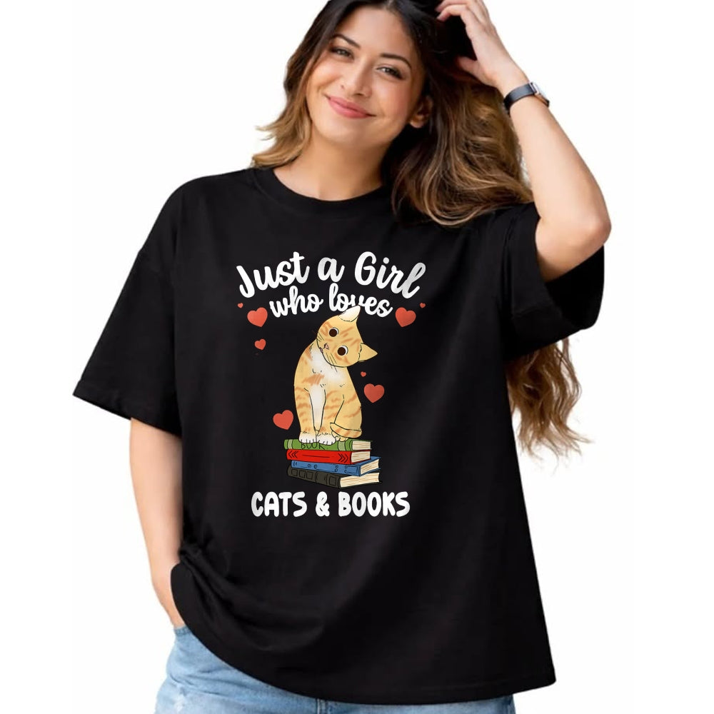 Cat Love Shirt, Funny Cat Lover Gift UnisexT-Shirt/Hoodie/Sweatshirt HLT00 - Just a Girl Who Loves Cats and Books Reading Cat & Bookworm T-Shirt