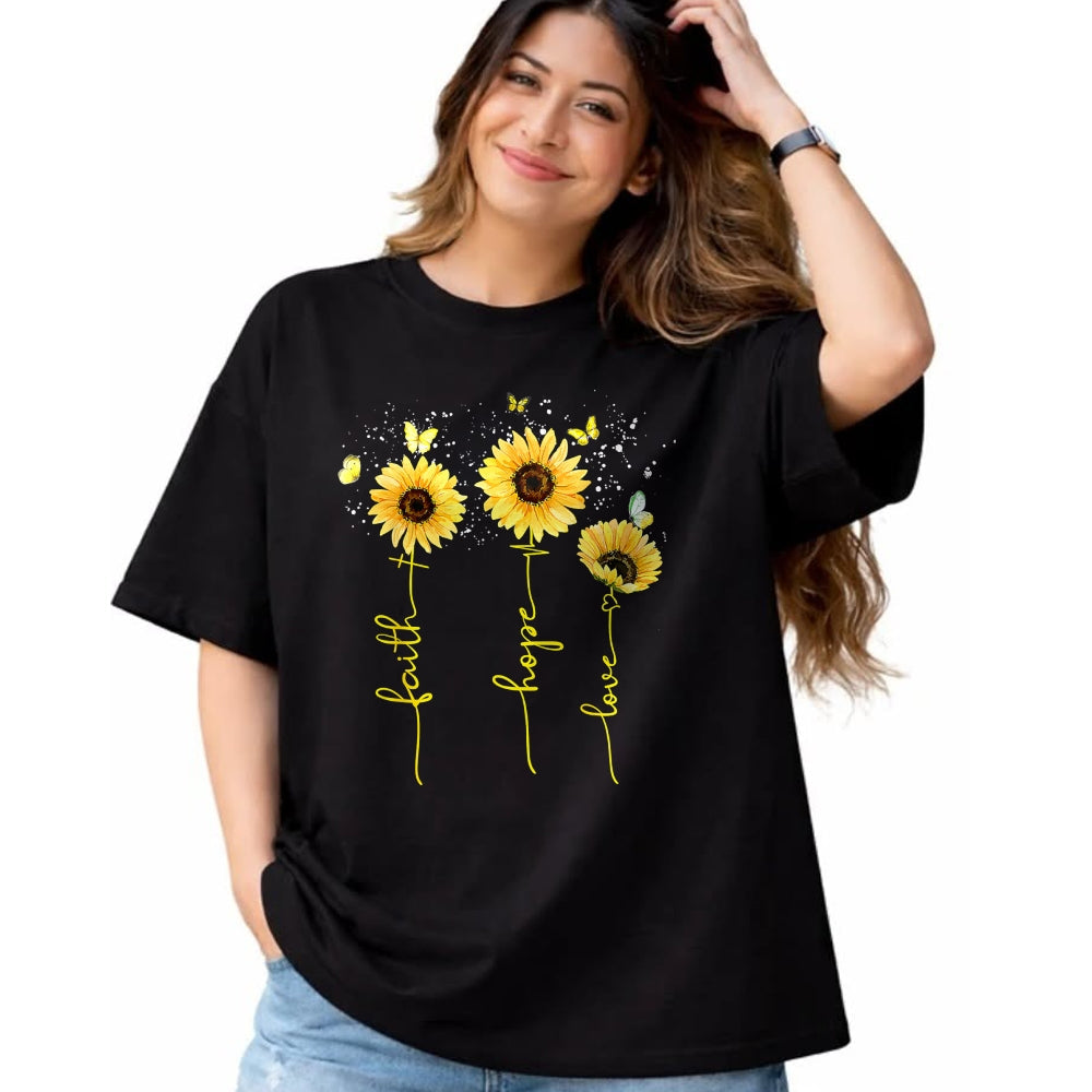 Christian Tee, Christian Faith Unisex T-Shirt/Hoodie/Sweatshirt HLT00 - Christian for Women Sunflower Faith Hope Love T-Shirt
