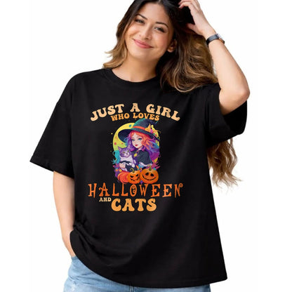 Cat Love Shirt, Funny Cat Lover Gift UnisexT-Shirt/Hoodie/Sweatshirt HLT00 - Just A Girl Who Loves Halloween and Cats Spooky Fall Pumpkin T-Shirt