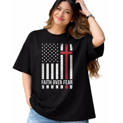 Christian Tee, Christian Faith Unisex T-Shirt/Hoodie/Sweatshirt HLT00 - Christian US USA Flag American Christ Faith Over Fear Cross T-Shirt