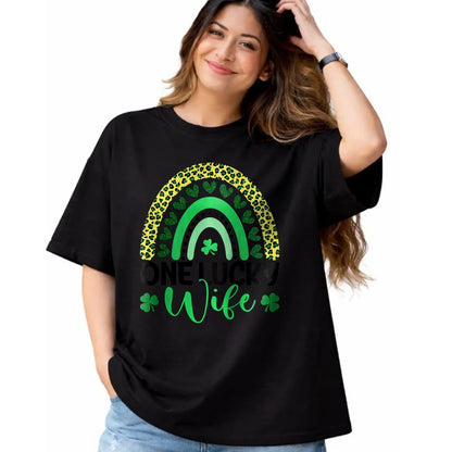 Best Wife Shirt, Wife and Husband Unisex T-Shirt/Hoodie/Sweatshirt HLT00 - Gift for wife T shirt, lucky wife   Womens One Lucky Wife Leopard Rainbow Saint Patrick's Day Raglan