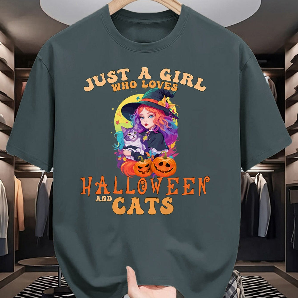 Cat Love Shirt, Funny Cat Lover Gift UnisexT-Shirt/Hoodie/Sweatshirt HLT00 - Just A Girl Who Loves Halloween and Cats Spooky Fall Pumpkin T-Shirt