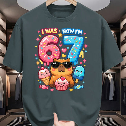 Cute Capybara Shirt, Funny Capybara Unisex T-Shirt/Hoodie/Sweatshirt HLT00 - I was 6 Now I_m 7 Birthday 67 Meme Capybara Ice Cream Kawaii T-Shirt