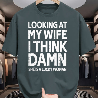 Best Wife Shirt, Wife and Husband Unisex T-Shirt/Hoodie/Sweatshirt HLT00 - Gift for wife T shirt, lucky wife   Funny My Wife Is A Lucky Woman Husband Gift Wife Themed Gift Tan (1)