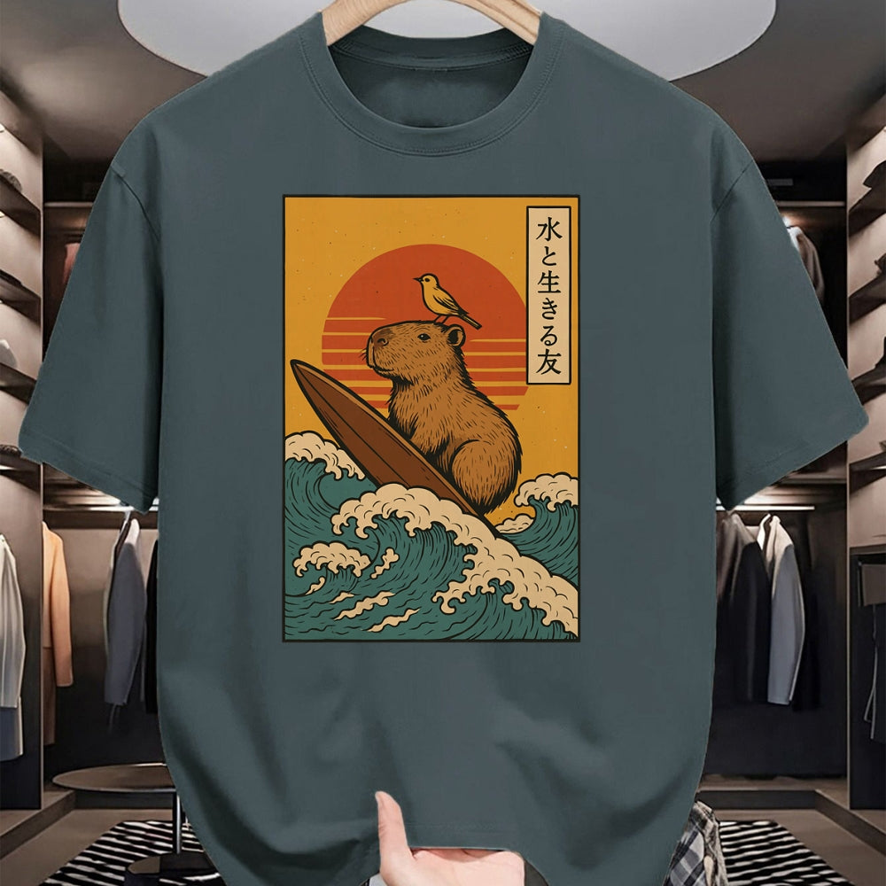 Cute Capybara Shirt, Funny Capybara Unisex T-Shirt/Hoodie/Sweatshirt HLT00 - Capybara Surfing Japanese T-Shirt