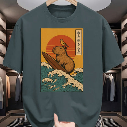 Cute Capybara Shirt, Funny Capybara Unisex T-Shirt/Hoodie/Sweatshirt HLT00 - Capybara Surfing Japanese T-Shirt