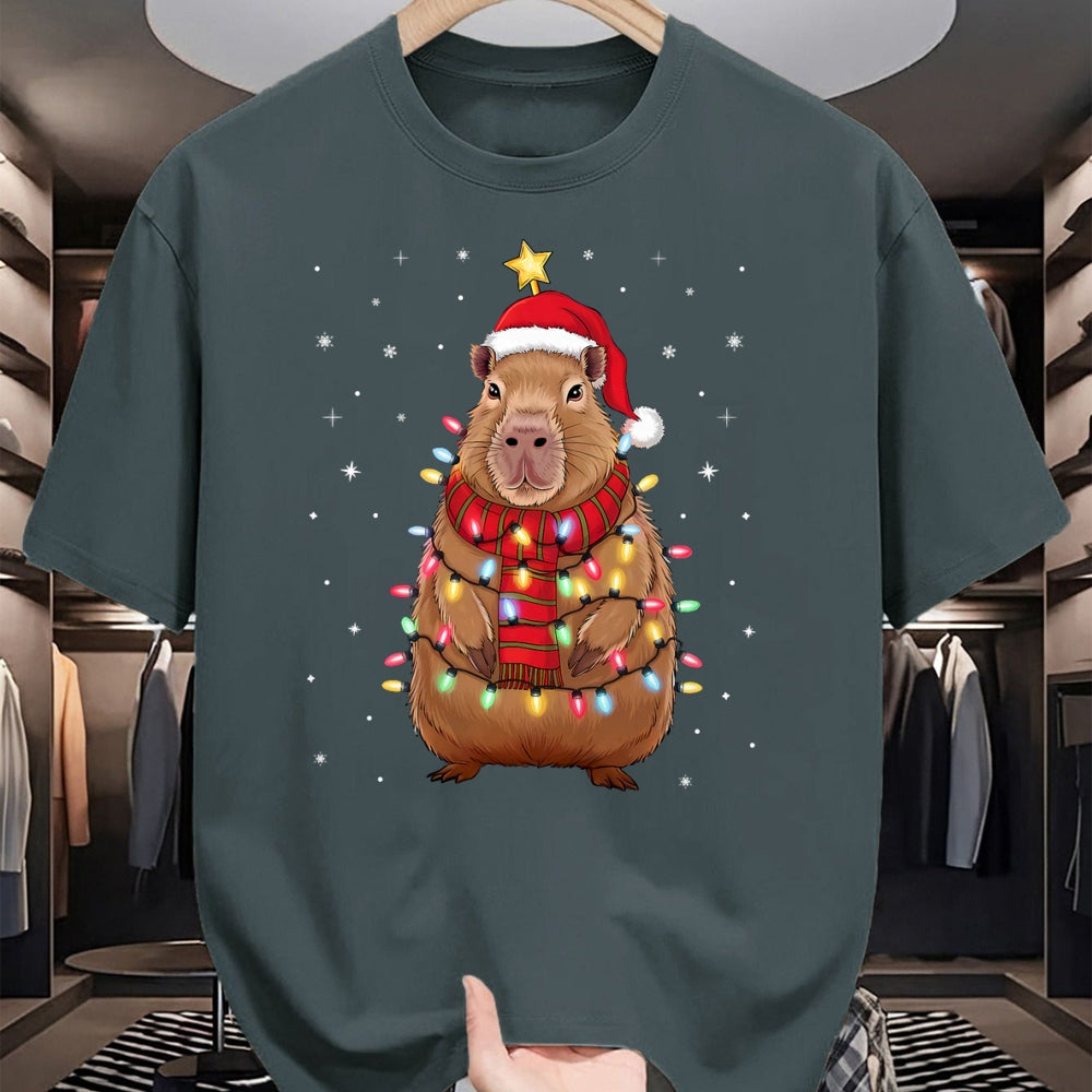 Cute Capybara Shirt, Funny Capybara Unisex T-Shirt/Hoodie/Sweatshirt HLT00 - Christmas Capybara with Santa Hat Xmas Lights Tree T-Shirt