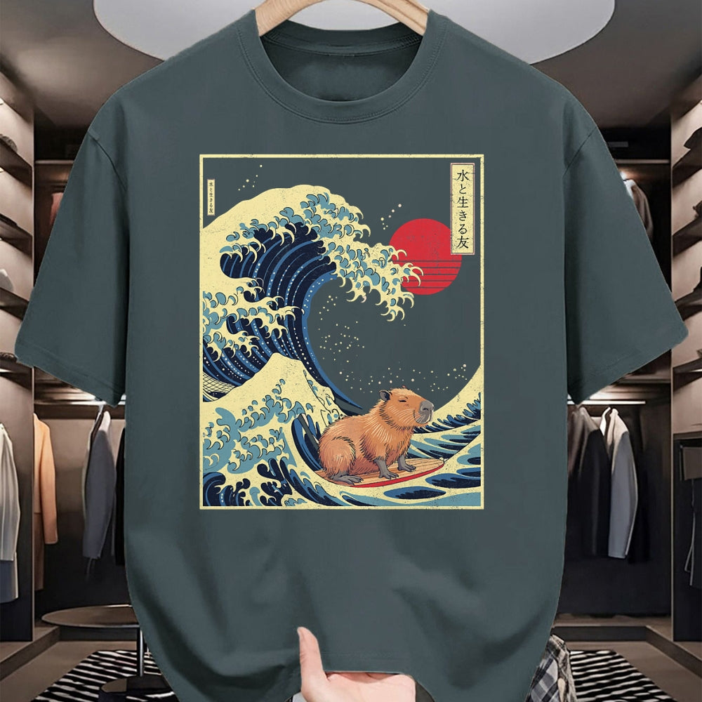 Cute Capybara Shirt, Funny Capybara Unisex T-Shirt/Hoodie/Sweatshirt HLT00 - Surfing Capybara Retro Kawaii T-Shirt