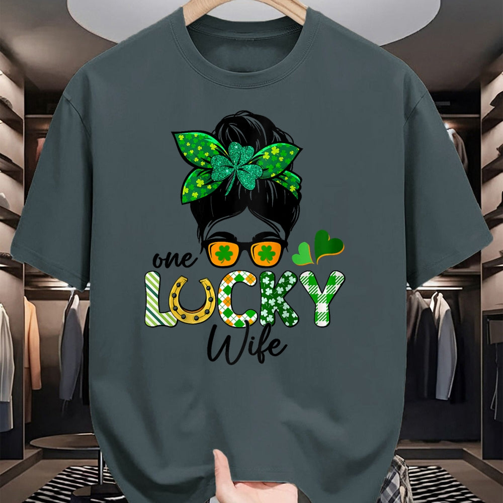 Best Wife Shirt, Wife and Husband Unisex T-Shirt/Hoodie/Sweatshirt HLT00 - Gift for wife T shirt, lucky wife   Womens One Lucky Wife Messy Bun Irish St Patricks Day Shamrock R