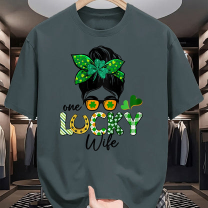 Best Wife Shirt, Wife and Husband Unisex T-Shirt/Hoodie/Sweatshirt HLT00 - Gift for wife T shirt, lucky wife   Womens One Lucky Wife Messy Bun Irish St Patricks Day Shamrock R