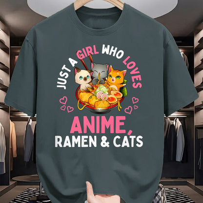 Cat Love Shirt, Funny Cat Lover Gift UnisexT-Shirt/Hoodie/Sweatshirt HLT00 - Just a Girl Who Loves Anime Ramen and Cats Kawaii Manga Gift Long Sleeve T-Shirt