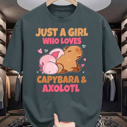 Cute Capybara Shirt, Funny Capybara Unisex T-Shirt/Hoodie/Sweatshirt HLT00 - Just A Girl Loves Capybara And Axolotl Salamander Lover T-Shirt