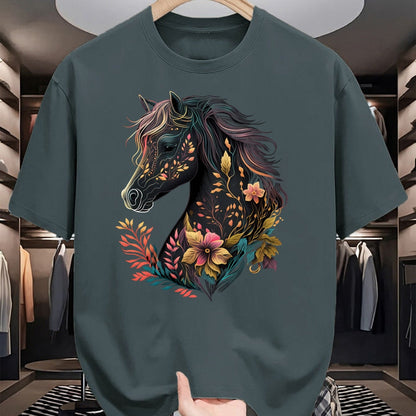 Best Horse Lover Shirt , Funny Horse UnisexT-Shirt/Hoodie/Sweatshirt HLT00 - Beautiful Horse with Flowers and Plants Equestrian Art Black Long Sleeve T-Shirt