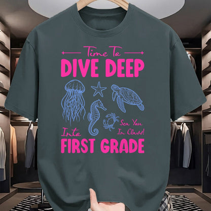 Best Student Shirt, Funny Back To School UnisexT-Shirt/Hoodie/Sweatshirt HLT00 - Time to Dive Deep Into First Grade Sea Animals Teacher T-Shirt