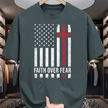 Christian Tee, Christian Faith Unisex T-Shirt/Hoodie/Sweatshirt HLT00 - Christian US USA Flag American Christ Faith Over Fear Cross T-Shirt